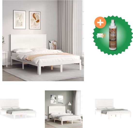 vidaXL Cadre de lit avec tête de lit Bois massif Blanc 140x200 cm - Lit - Comprend un nettoyant et un rafraîchisseur pour bois