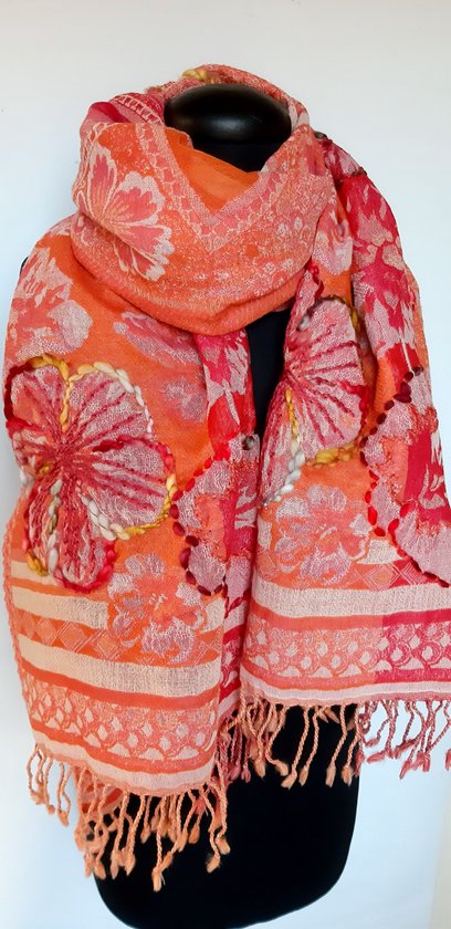 Geborduurde Kasjmier Wollen Dames Sjaal - 180 x 70 cm - Oranjerood