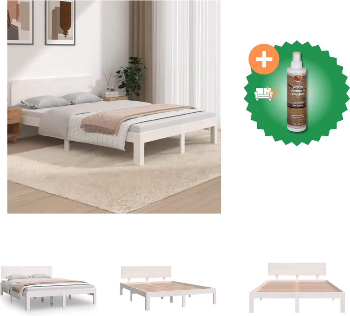 VidaXL Bedframe massief hout wit 150x200 cm 5FT King Size Bed Inclusief Houtreiniger en verfrisser
