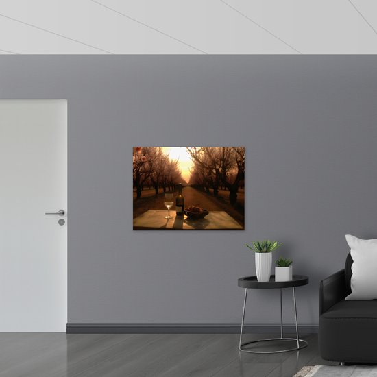 Dibond - Wijn - Fruit - Glas - Landschap - Bomen - 100x75 cm Foto op Aluminium (Wanddecoratie van metaal)