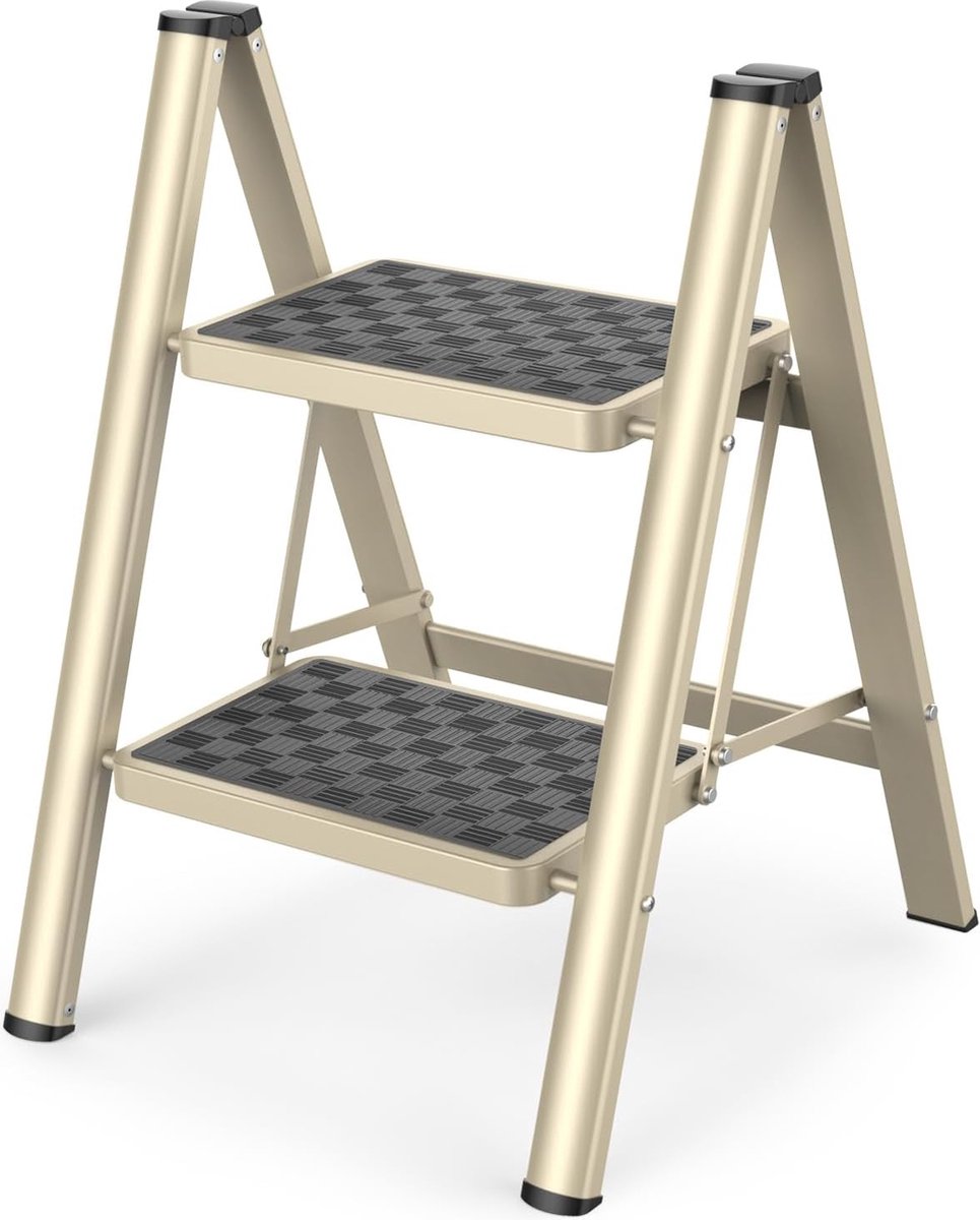 Trapladder, 2 treden, inklapbaar, ladder met breed anti-slip pedaal, opstapkruk met 150 kg capaciteit, goud