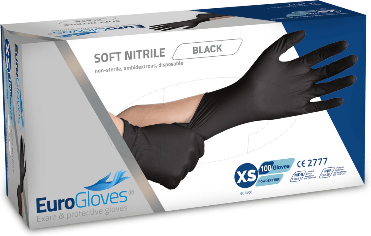 Goedkoopste Voordeelverpakking handschoenen 2 x Eurogloves soft-nitrile poedervrij zwart - XS 100 stuks