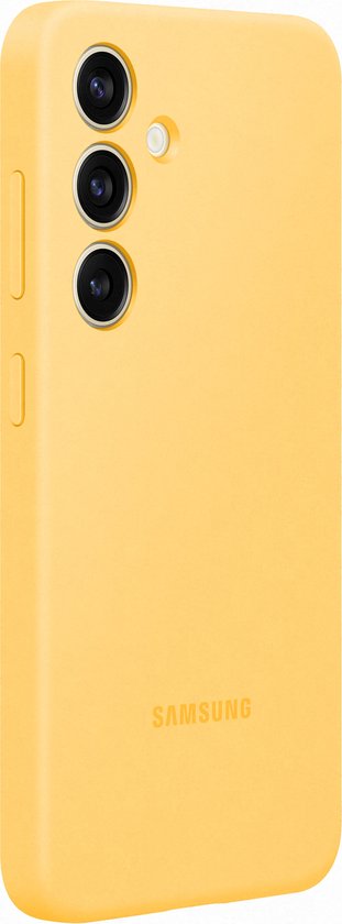 Gele Samsung siliconen hoes voor Galaxy S24+ op een witte achtergrond.