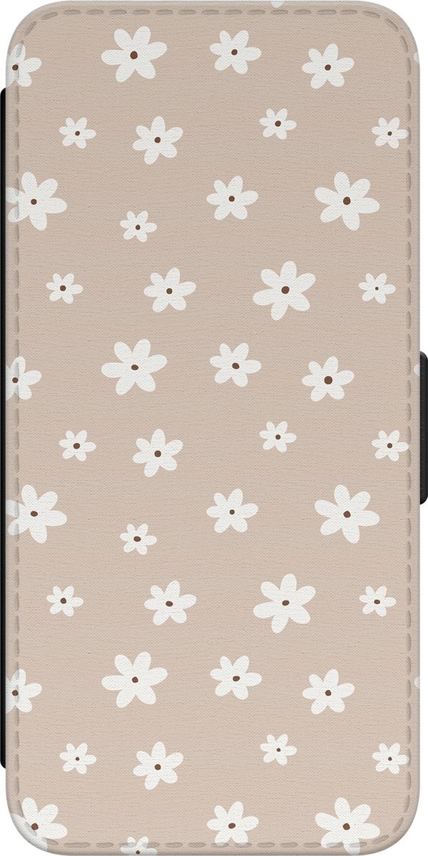 Leuke Telefoonhoesjes - Hoesje geschikt voor Samsung Galaxy S22 - Cute flowers - Wallet Case met pasjeshouder - Bloemen - Beige