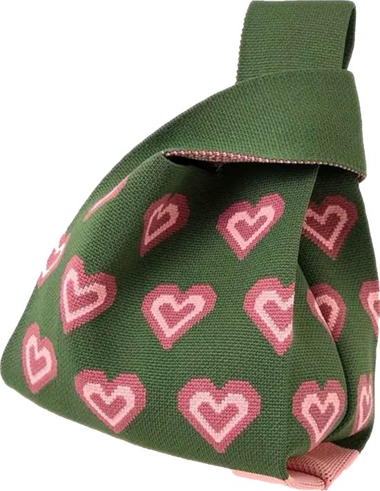 Gebreide Dames Handtas en Polstas - Een Tijdloos en Stijlvol Accessoire - Hartjes motief - Kleur groen roze - cadeautje voor haar