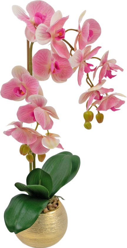 Greenmoods Kunstplanten - Kunstplant - Orchidee - Donker roze - Zijde - 56 cm - In gouden pot