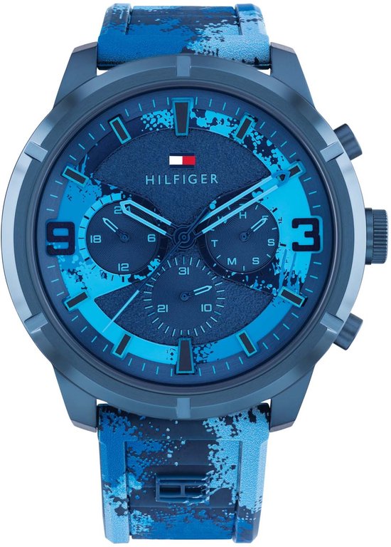 Tommy Hilfiger TH1792073 Heren Horloge - Wild - Mineraalglas - Staal/Leer - Blauw/Donkerblauw - 50 mm breed - Quartz - Gesp - 5 ATM (douchen)