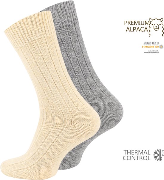 2 paar Wollen sokken met Alpacawol - Fijn gebreid - Unisex - Ecru-Grijs - Maat 47-50