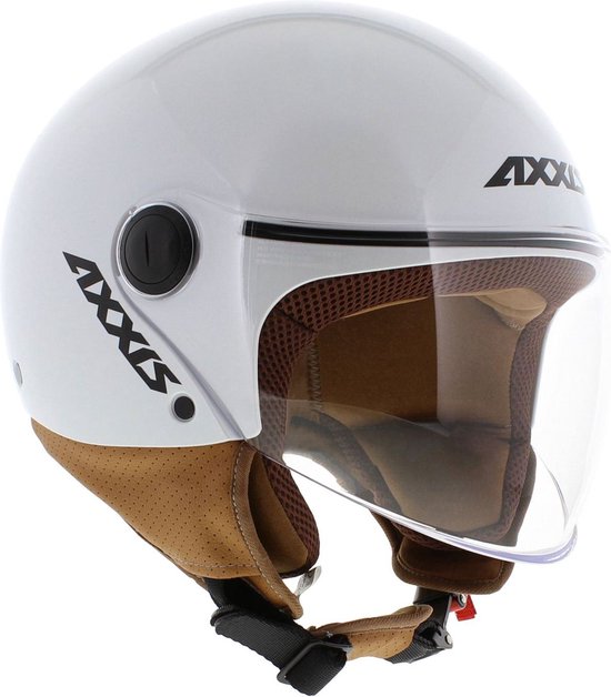 Casque Axxis blanc avec visière transparente, accents en cuir marron et logo Axxis sur le côté.
