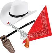 Carnaval verkleeds set cowboyhoed Billy - wit - rode hals zakdoek - holster met revolver