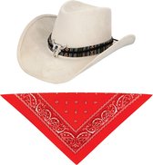 Carnaval verkleedset luxe model cowboyhoed Rodeo - creme wit - en rode hals zakdoek - voor volwassenen