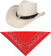 Ensemble de costumes de carnaval modèle de luxe chapeau de cowboy Rodeo - blanc crème - et mouchoir de cou rouge - pour adultes