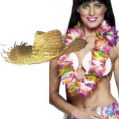 Carnaval verkleedset - Tropical Hawaii party - dames strohoed in beige - en volle bloemenslinger multi colours