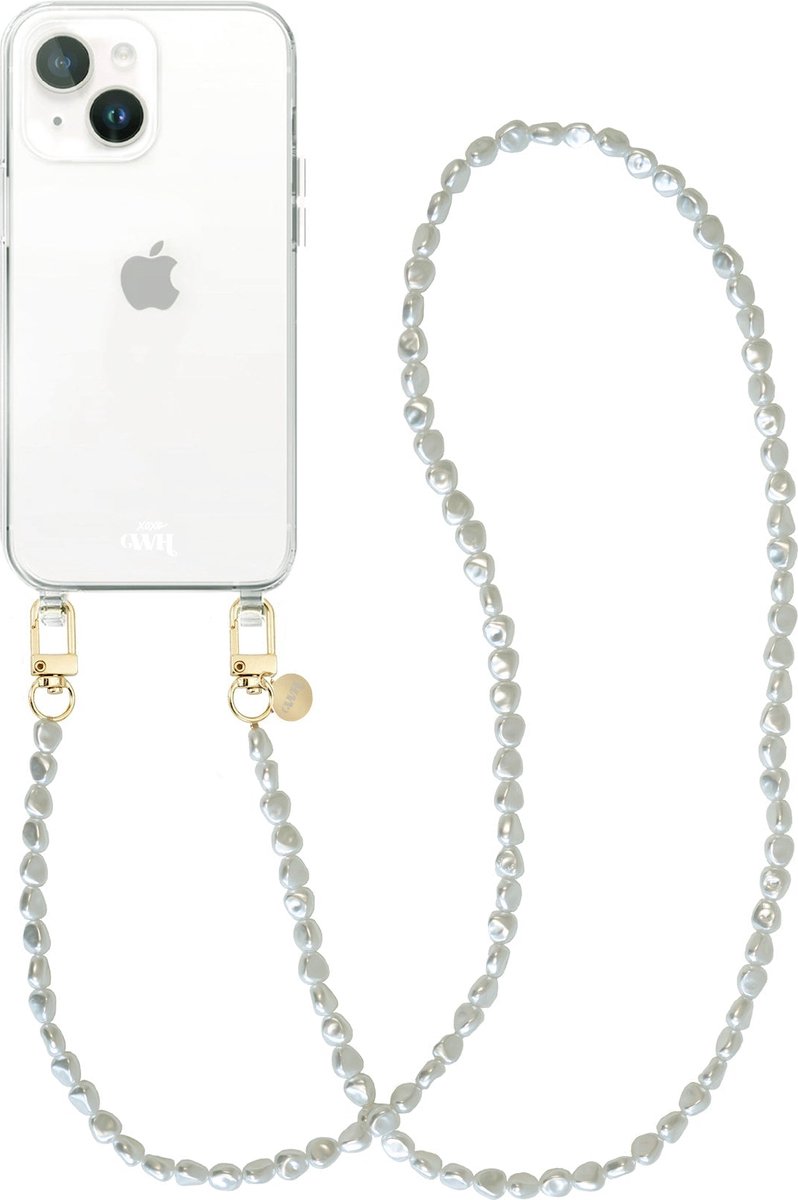 xoxo Wildhearts siliconen hoesje - Geschikt voor iPhone 15 - Pearlfection - Telefoonhoesje - Hoesje met koord - Parelketting - lang telefoonkoord - Transparant hoesje (lange variant)