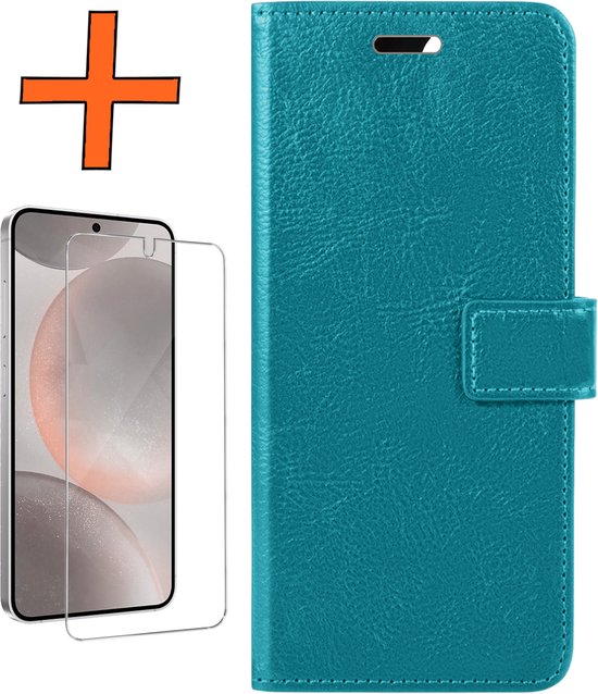 Hoesje Geschikt voor Samsung S24 Hoes Bookcase Flipcase Book Cover Met Screenprotector - Hoes Geschikt voor Samsung Galaxy S24 Hoesje Book Case - Turquoise.