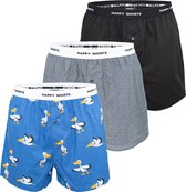 Happy Shorts 3-Pack Wijde Boxershort Zwart Pelikaan Print Blauw - Losse boxershort - Maat S