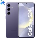 Samsung Galaxy S24 violet cobalt avec trois caméras à l'arrière et 'Galaxy S24' sur l'écran.
