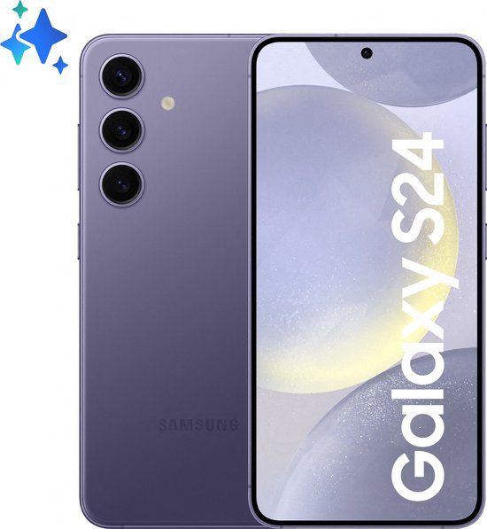 Samsung Galaxy S24 violet cobalt avec trois caméras à l'arrière et 'Galaxy S24' sur l'écran.