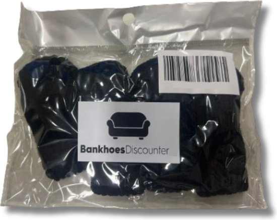 Verpakking met 4 zwarte stoelpoot sokken. 'BankhoesDiscounter' logo is zichtbaar.