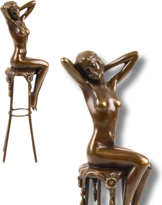 Erotisch Naakte Vrouw op Kruk - Bronzen Beeldje - Naakte Vrouwen erotisch beeld - Erotiek Decoratie - Brons Kunst - 9x8x28