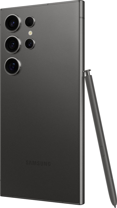 Grijze Samsung Galaxy S24 Ultra met S Pen, achterkant met vier camera's.