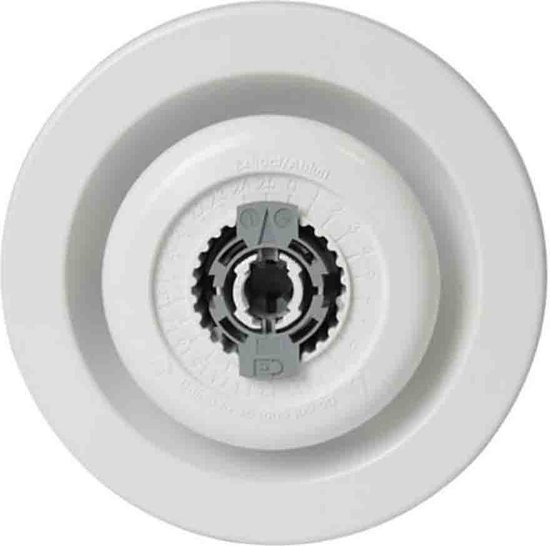 Witte ventilatieklep met instelbare witte en grijze knoppen en zwarte tandwielen.