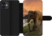 Bookcase Geschikt voor iPhone 12 Pro Max telefoonhoesje - Olifant - Water - Dieren - Zonsondergang - Natuur - Met vakjes - Wallet case met magneetsluiting