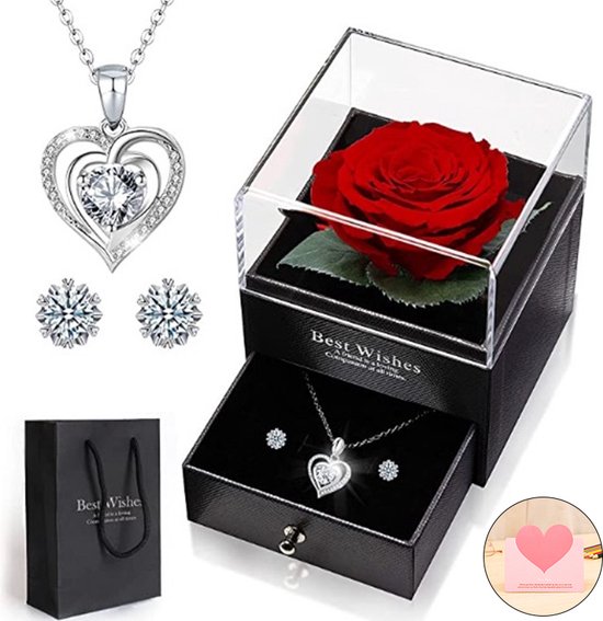 Blazelife Vaderdag Cadeau - Eeuwige Bloem Rose + Sieraden Doos + Silver Hartjes Ketting + Oorbel- Eeuwige Roos Cadeau voor Vrouw- Verjaardag Cadeau Vriendin - Romantisch Cadeau - Huwelijksaanzoek - Liefde -925 Silver