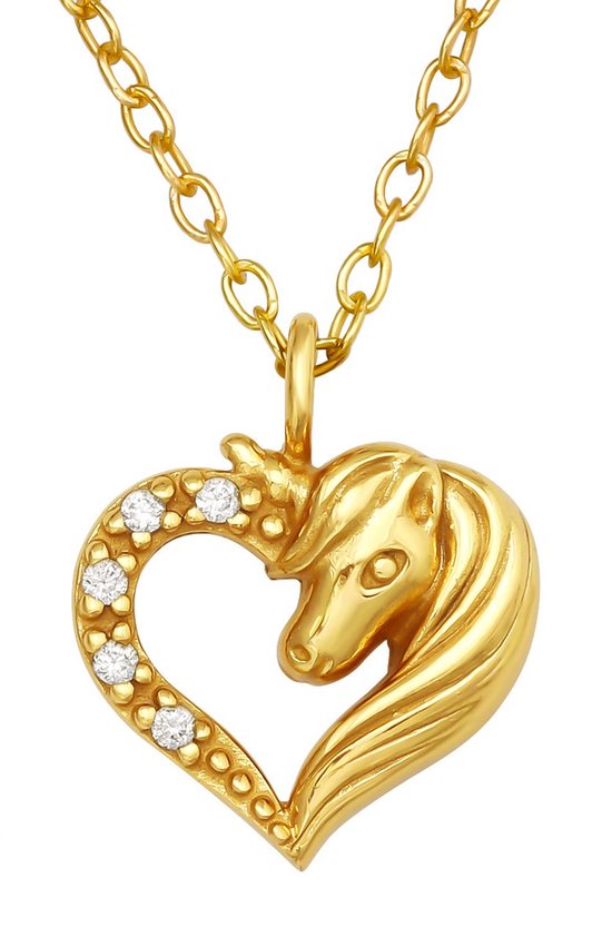 Joy|S - Zilveren hartje hanger met eenhoorn - unicorn - inclusief ketting 39 cm (verstelbaar extra oogje op 36 cm) - zirkonia - 14k goudplating / goldplated