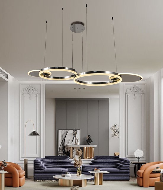 Chandelix - Luxe Hanglamp - Woonkamer - 3 Ringen - met Afstandsbediening en App - Dimbaar - In hoogte verstelbaar - Woonkamer verlichting - Slaapkamer verlichting - Smartlamp - Ringlamp - LED - Zilver