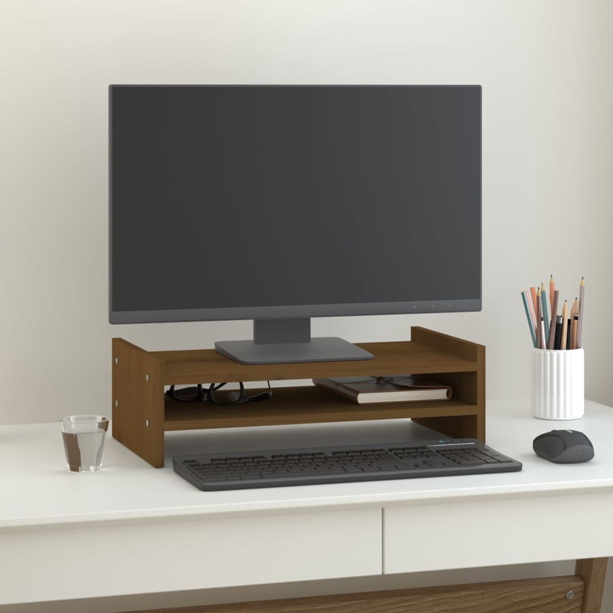 Beroli - Monitorstandaard - 50x27x15 cm - massief - grenenhout - honingbruin - Ergonomische - Werkruimte - Optimalisatie - Computer - Monitor - Accessoire - Schermverhoger - Kantoor - Organisatie - Verbeter - Arbeidsproductiviteit