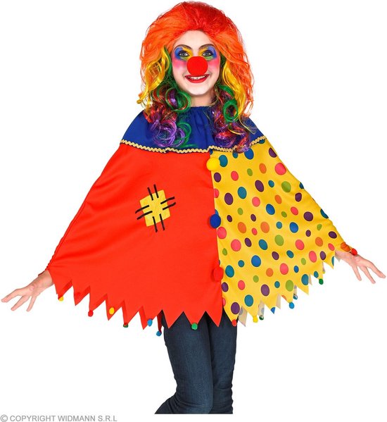 Widmann - Clown & Nar Kostuum - Grappige Clown Pollie Poncho Kind - Rood, Geel - One Size - Carnavalskleding - Verkleedkleding