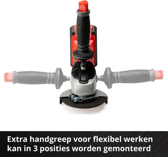 Haakse slijper met extra handgreep in 3 posities. Rood en zilverkleurig.
