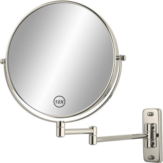 Vergrotingsspiegel voor wandmontage, 20 cm badkamer make-up spiegel, 1X/10X dubbelzijdig, 360° draaibare verlengspiegel met verlengde arm, nikkel