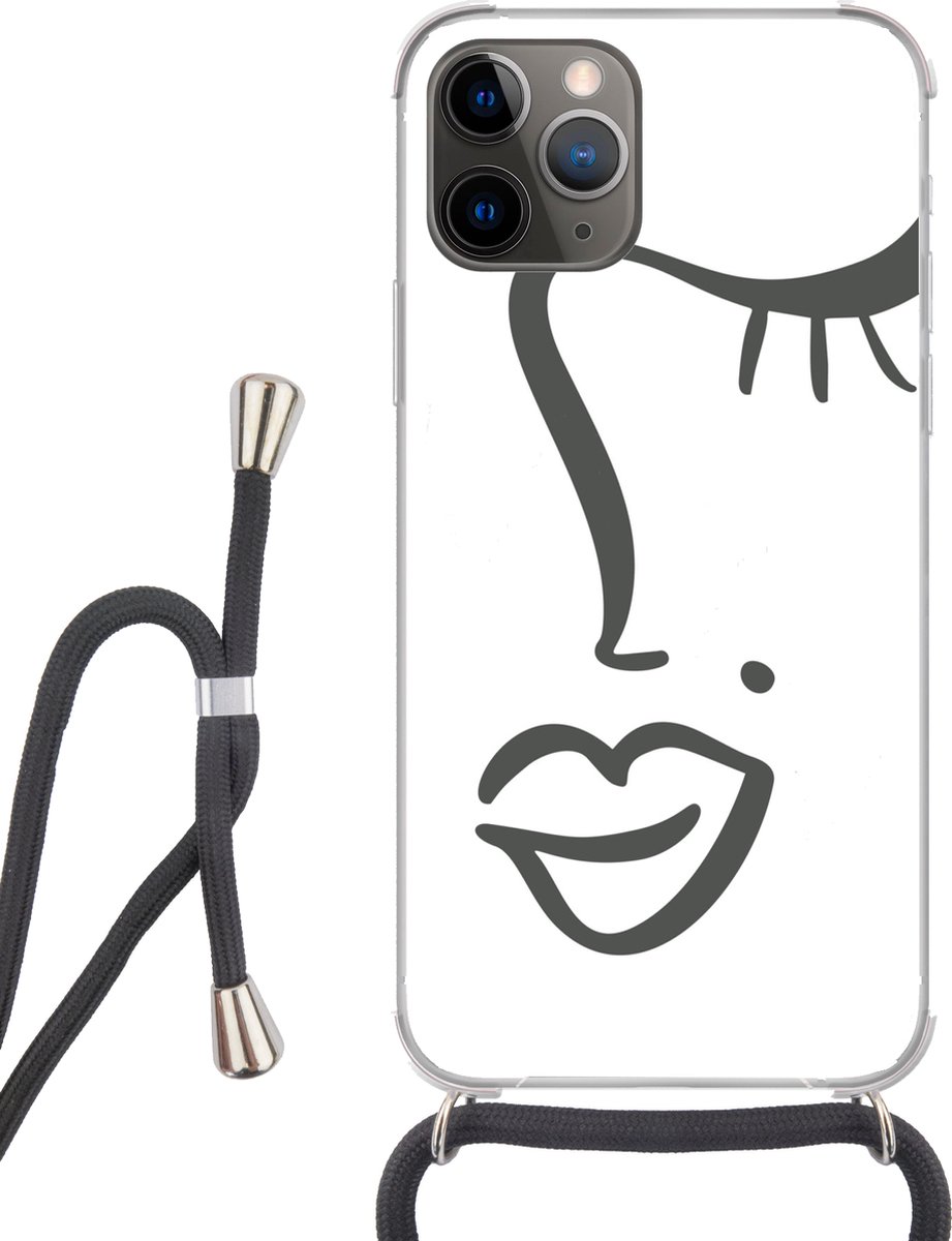 Telefoonhoesje Geschikt voor iPhone 13 Pro - Vrouw - Zwart - Wit - Abstract - Siliconen - Crossbody - Backcover met Koord - Telefoonhoesje met koord - Hoesje met touw Telefoonhoesje