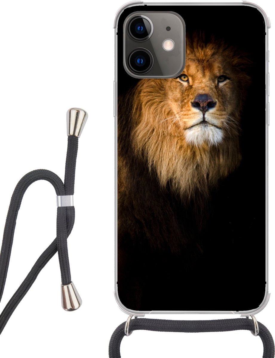 Telefoonhoesje Geschikt voor iPhone 11 - Leeuw - Licht - Zwart - Portret - Siliconen - Crossbody - Backcover met Koord - Telefoonhoesje met koord - Hoesje met touw Telefoonhoesje