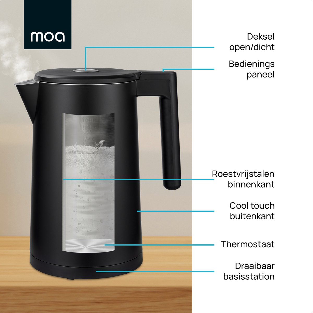 MOA Waterkoker met Temperatuurregeling - 1,7 Liter - Dubbelwandig - PFAS- & BPA-vrij - Warmhoudfunctie - Elektrische Waterkoker - 2200W - Zwart — afbeelding 5