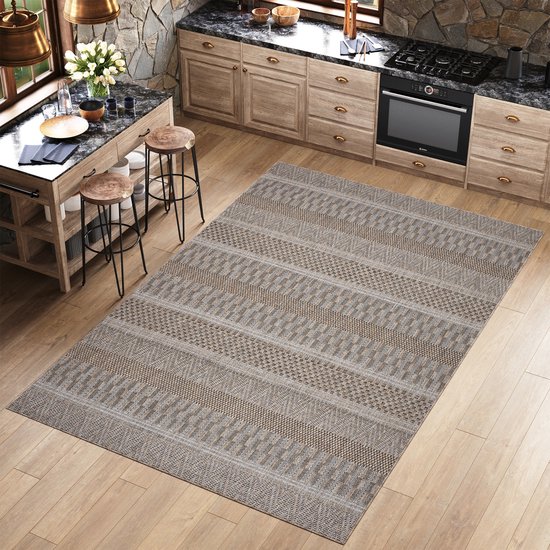 4 Seasons Outdoor rechthoekig vloerkleed 160 x 240 cm. oyster van grijs polypropyleen en met stevige polyester grijze rand