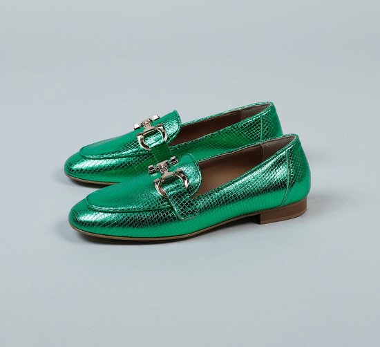 Manfield - Dames - Groene metallic leren loafers - Maat 38