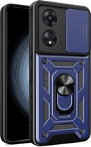 Hoesje met Camera Slider Geschikt voor de Oppo A58 4G - Back Cover met Standaard - Uitklapbare Kickstand Ring - Beschermhoes TPU - Magneet voor Auto Houder Blauw