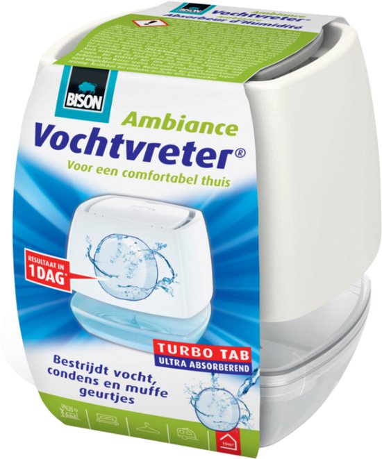 Witte luchtontvochtiger Bison Vochtvreter Ambiance met blauwe wateropvangbak en deksel.
