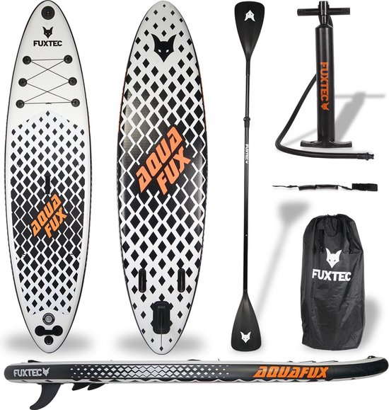 Foto: Fuxtec stand up paddleboard zwart wit luchtpomp peddel reparatieset en een apparaat voor het bevestigen van een actiecamera fx sup320eco