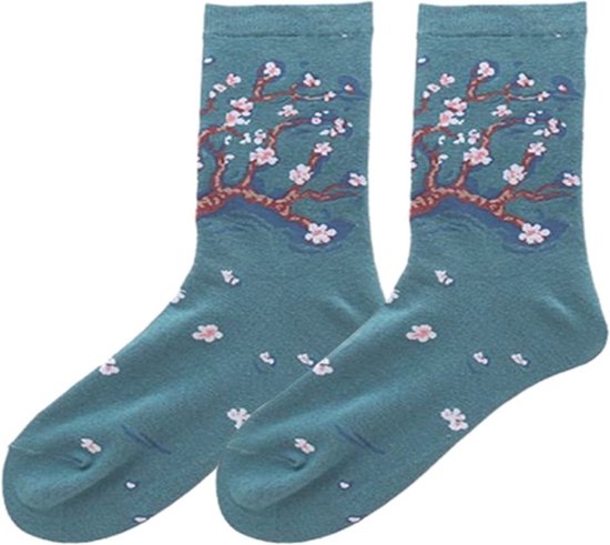 Elastisch hoge sokken paar Vincent van Gogh - Amandelbloesem - Kunstwerk Kunst - Schilderij - Amandel blossom - Maat 34 - 39