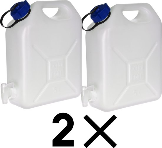 Jerrycan voor water - 2x - 5 liter - Kunststof - met kraantje en dop - Camping
