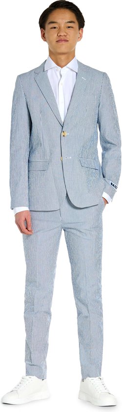 OppoSuits Daily Seer Sucker - Casual Tiener Pak - Voor Bruiloften, Schoolfeesten en Casual Chic - Inclusief Pantalon en Blazer - Blauw - Maat: EU 170/176 - 16 Jaar