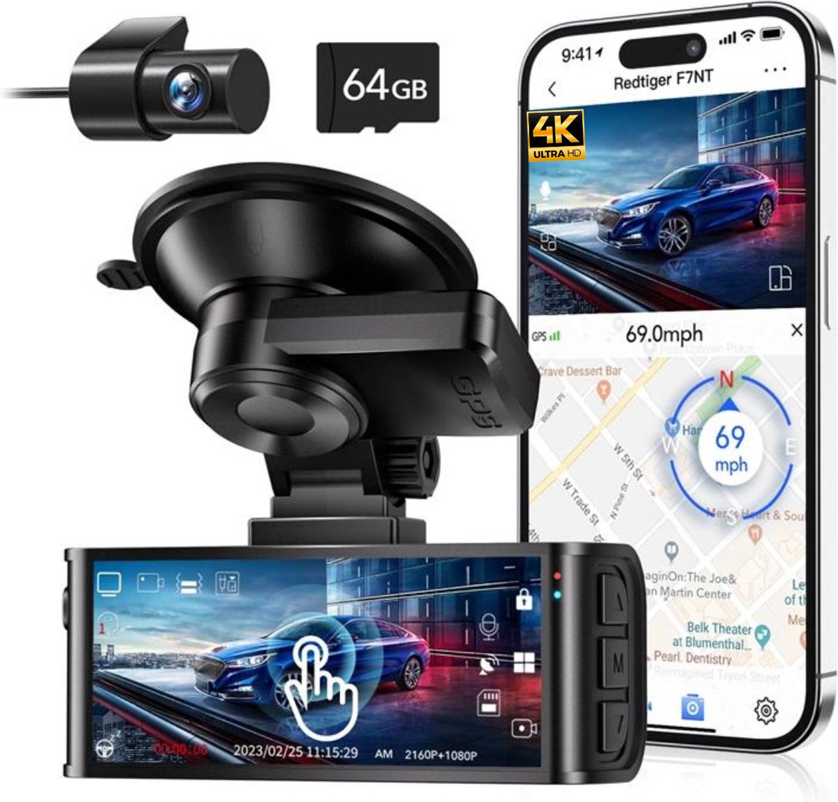 RedTiger F7NT - Dual Dashcam voor auto - Ultra 4K & 1080P - Voor en Achter Camera - Met Touchscreen - WiFi en GPS - 3.20 Inch met App - Sony Sensor - Nachtzicht - Parkeerbewaking - G Sensor - Loop opname - Full HD achter camera - Met 64GB SD Kaart