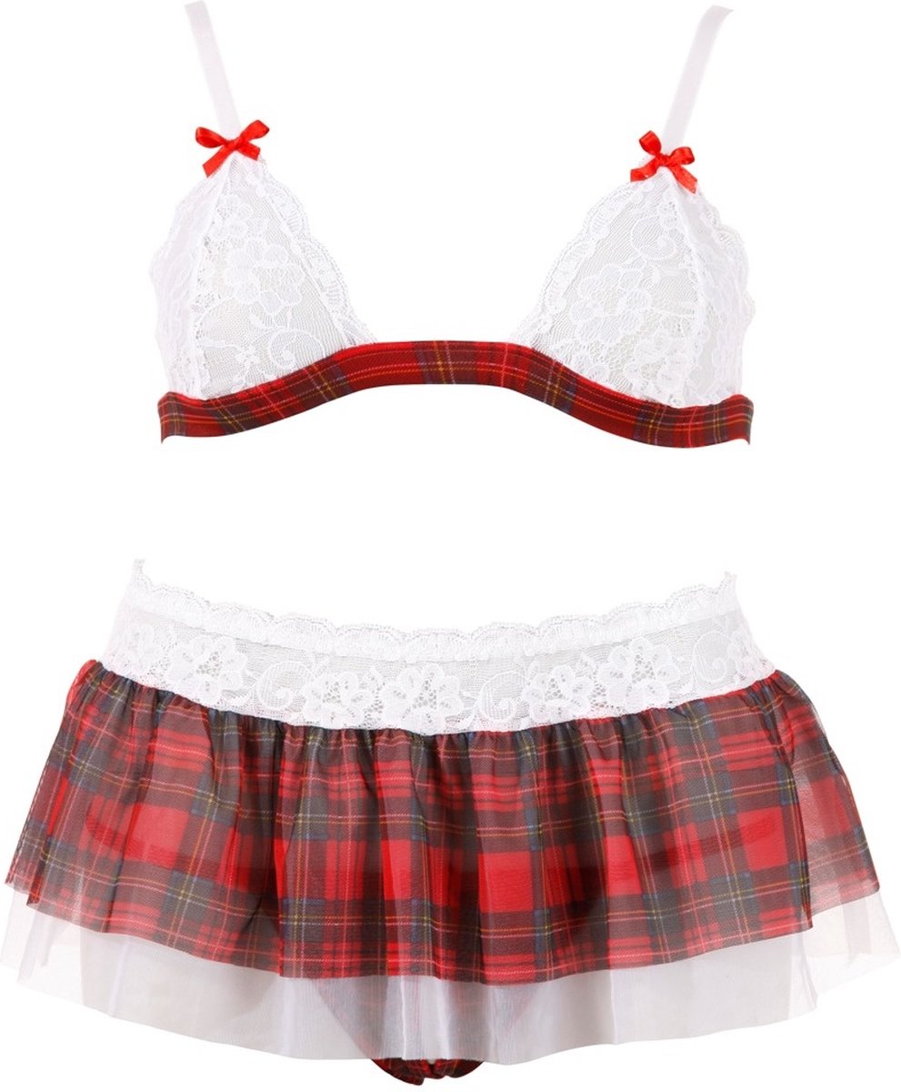 Goedkoopste Cottelli Collection – Schoolmeisje Lingerie Set met Erotische Kenmerken en Open Kruis voor Ondeugende Dates – Maat S – Wit/Rood