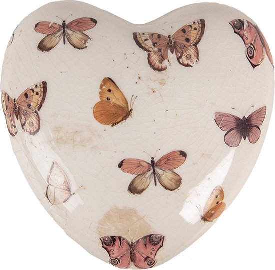 Clayre & Eef Décoration Coeur 10X10x4 cm Beige Rose Céramique En forme de coeur Papillons Décoration d'intérieur