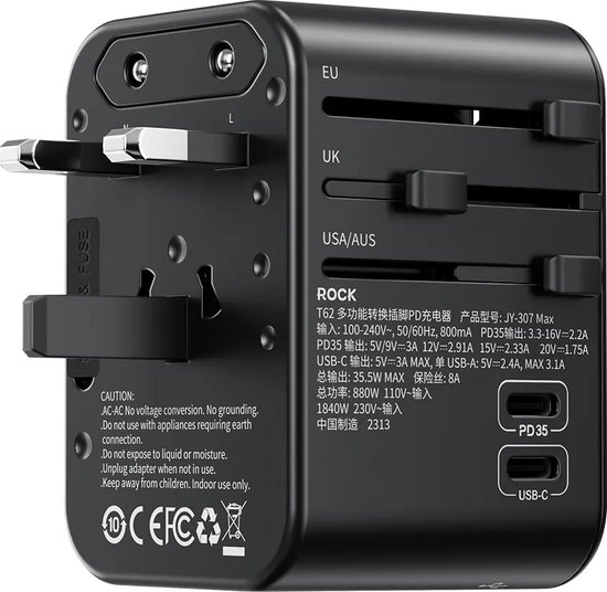 ROCK Wereldstekker met USB C PD 35W - Reisstekker - Travel Adapter met USB - Zwart