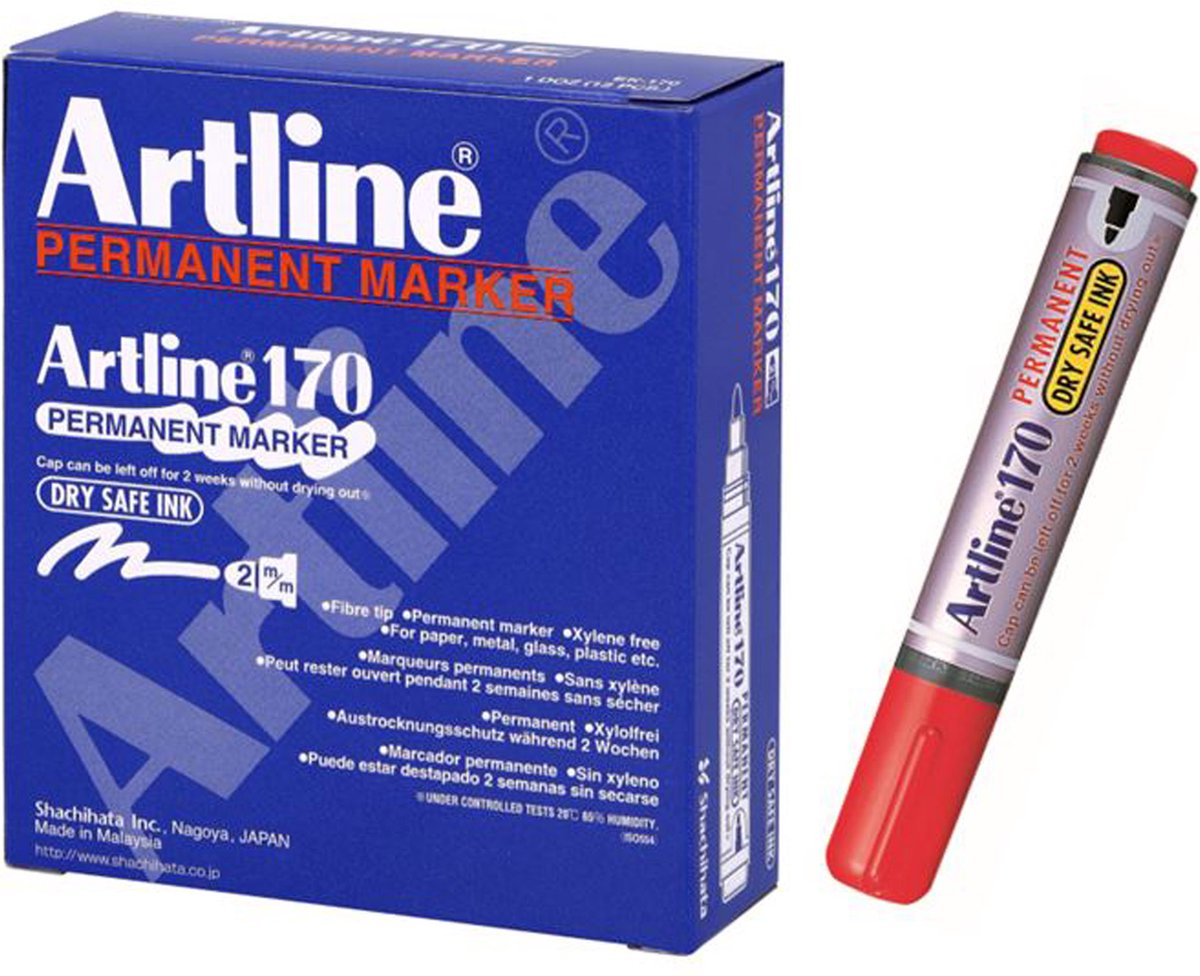 ARTLINE Drysafe 170 - Permanent Marker - Doos van 12 stuks - 2,0mm Lijndikte - Rood